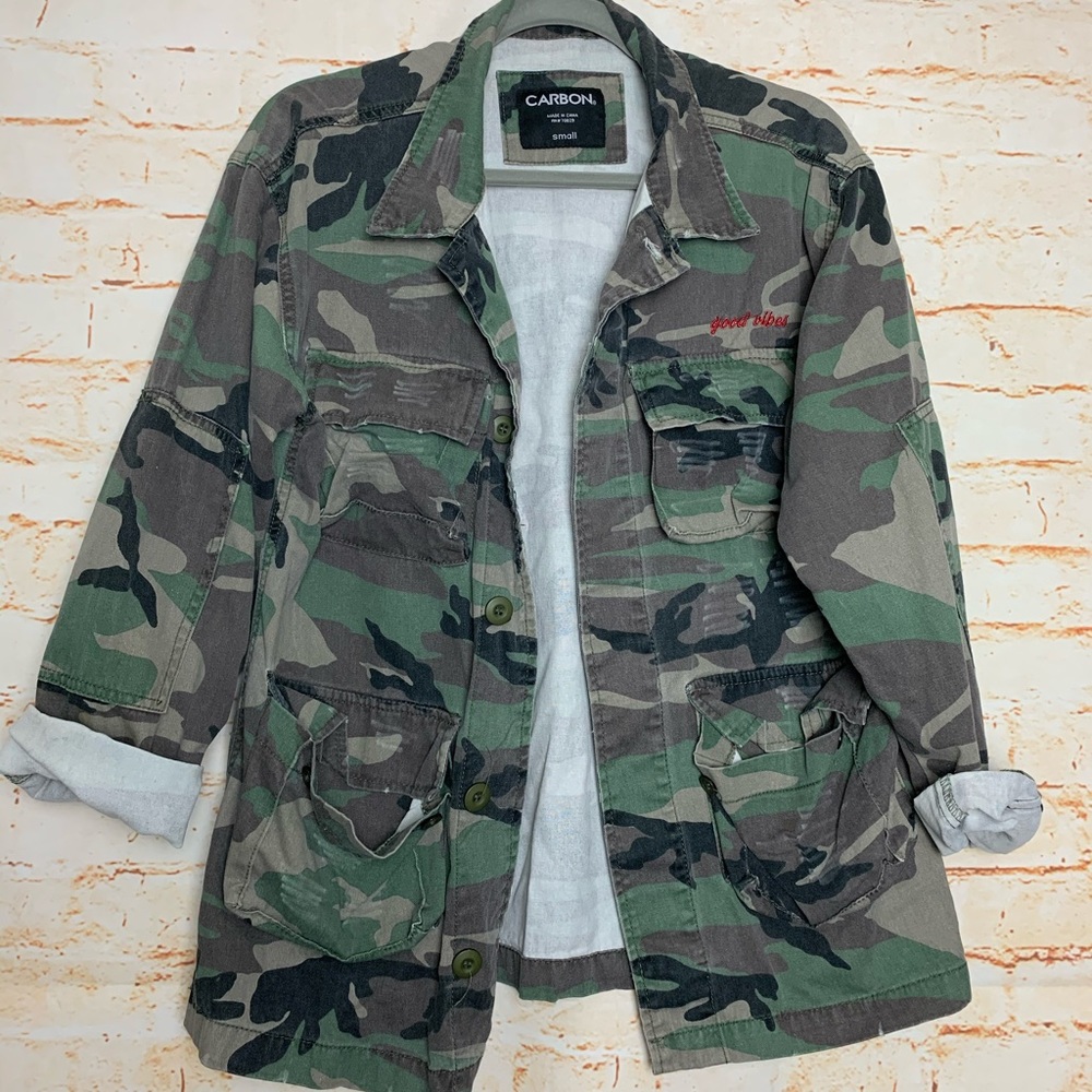 Carbon, “Good Vibes” distressed camp jacket, SM